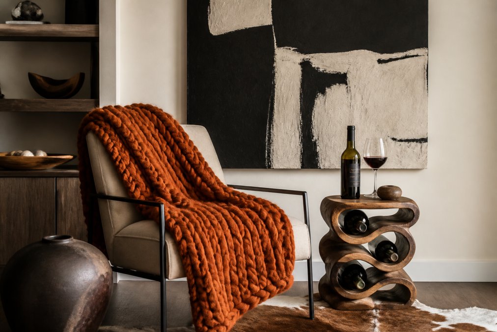 Infographic showing how to style unique home decor website accessories in a cozy living room corner with abstract art.