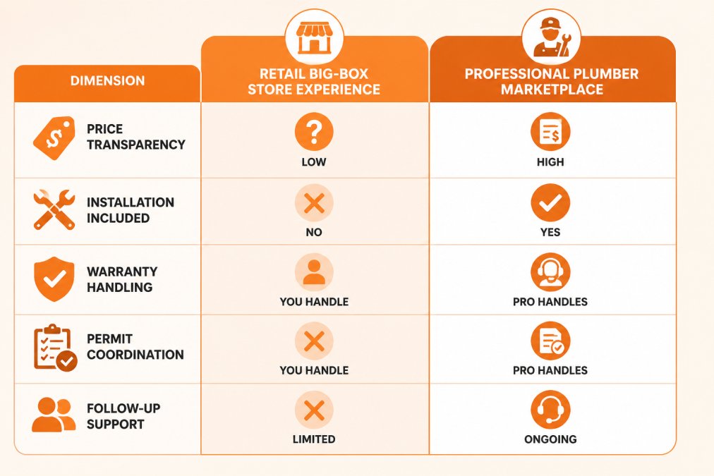 Comparison matrix showing retail big-box store experience vs. professional plumber marketplace across five dimensions: price transparency, installation included, warranty handling, permit coordination, follow-up support