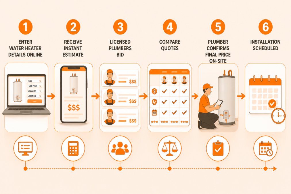 5-step process flowchart: Enter water heater details online → Receive instant estimate → Licensed plumbers bid → Compare quotes → Plumber confirms final price on-site → Installation scheduled
