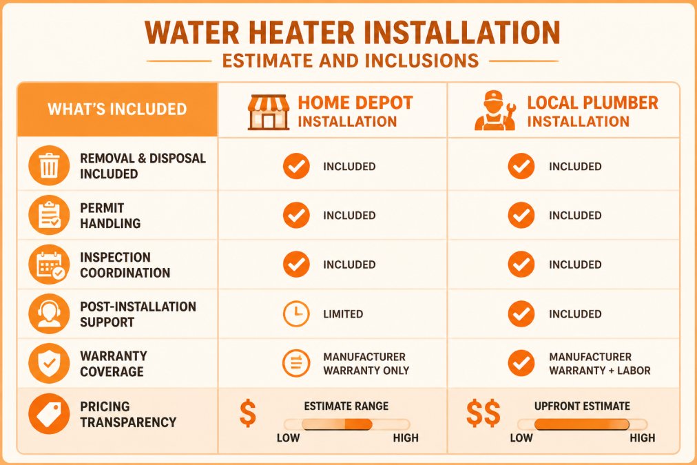 Comparison matrix showing Home Depot vs Local Plumber installation: removal and disposal included, permit handling, inspection coordination, post-installation support, warranty coverage, and pricing transparency