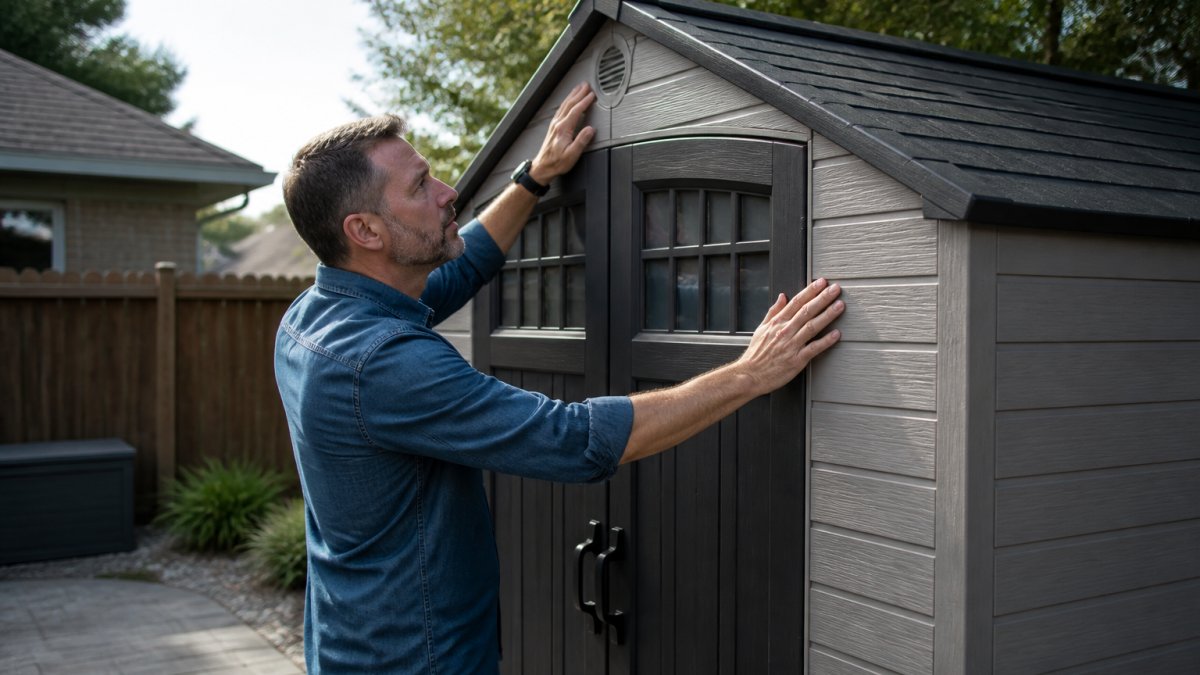 Homeowner inspecting the walls and roof of a durable resin storage shed in a sunny backyard.