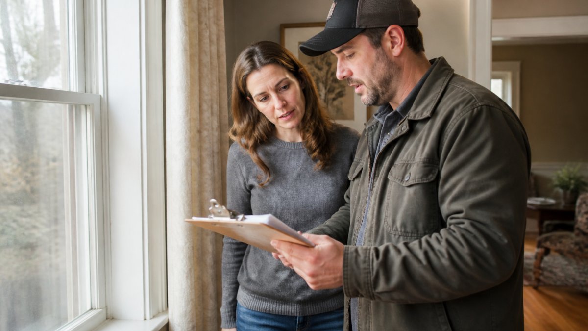 Homeowner and contractor reviewing energy efficiency improvement results by a drafty window