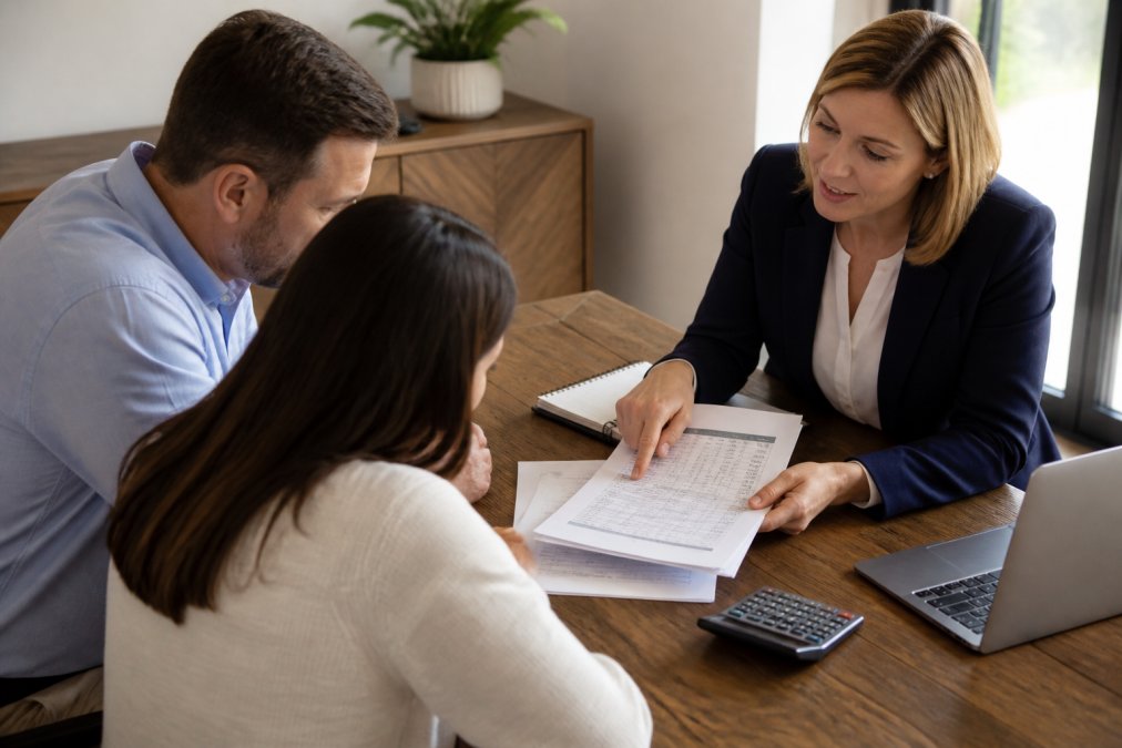 A financial advisor across a desk showing a couple a printed amortization schedule and rate comparison sheet, with a laptop and calculator on the table