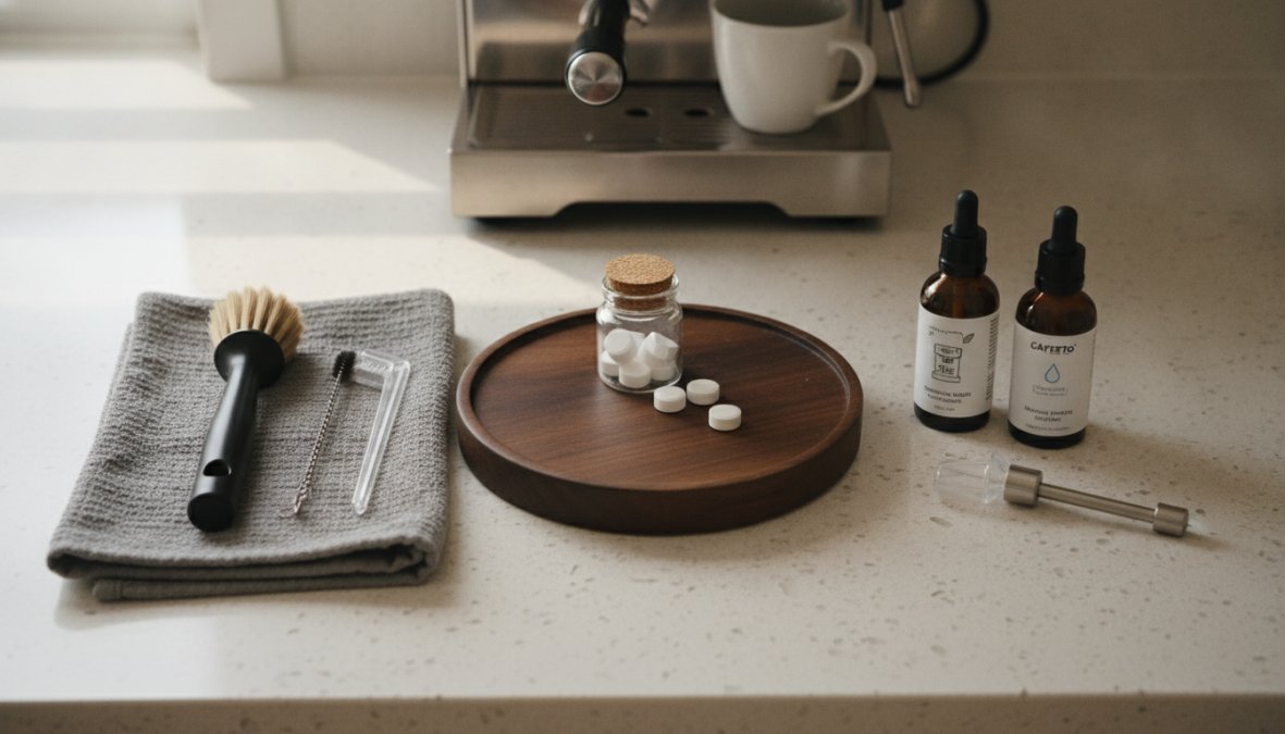 Flat lay of espresso machine cleaning supplies arranged on a white countertop, including brass brushes, cleaning tablets, microfiber cloth, descaling solution bottles, and a blind basket, natural window lighting
