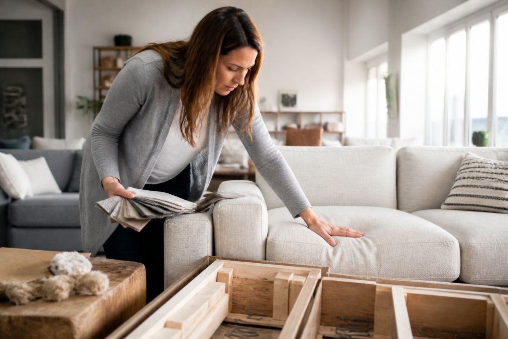 Person in modern showroom examining fabric swatches, checking cushion density by pressing down on upholstered seating, and inspecting frame construction details with natural light streaming through large windows