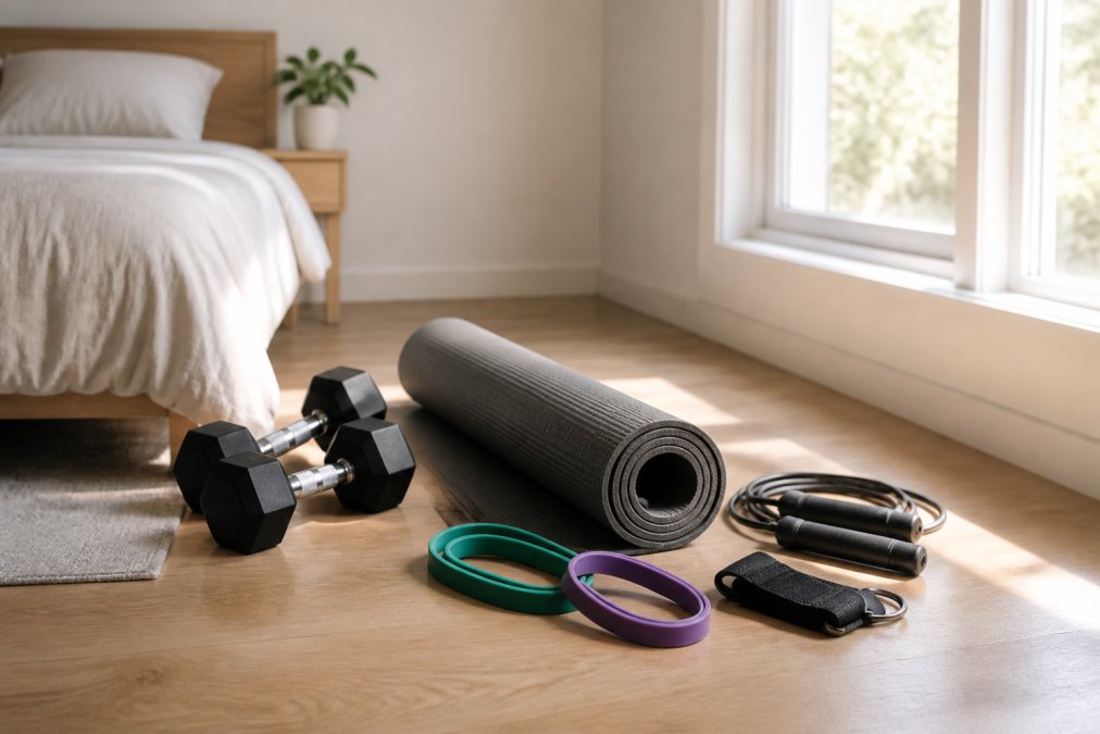Compact home fitness setup with dumbbells, resistance bands, and yoga mat arranged neatly in corner of bright bedroom with natural window lighting