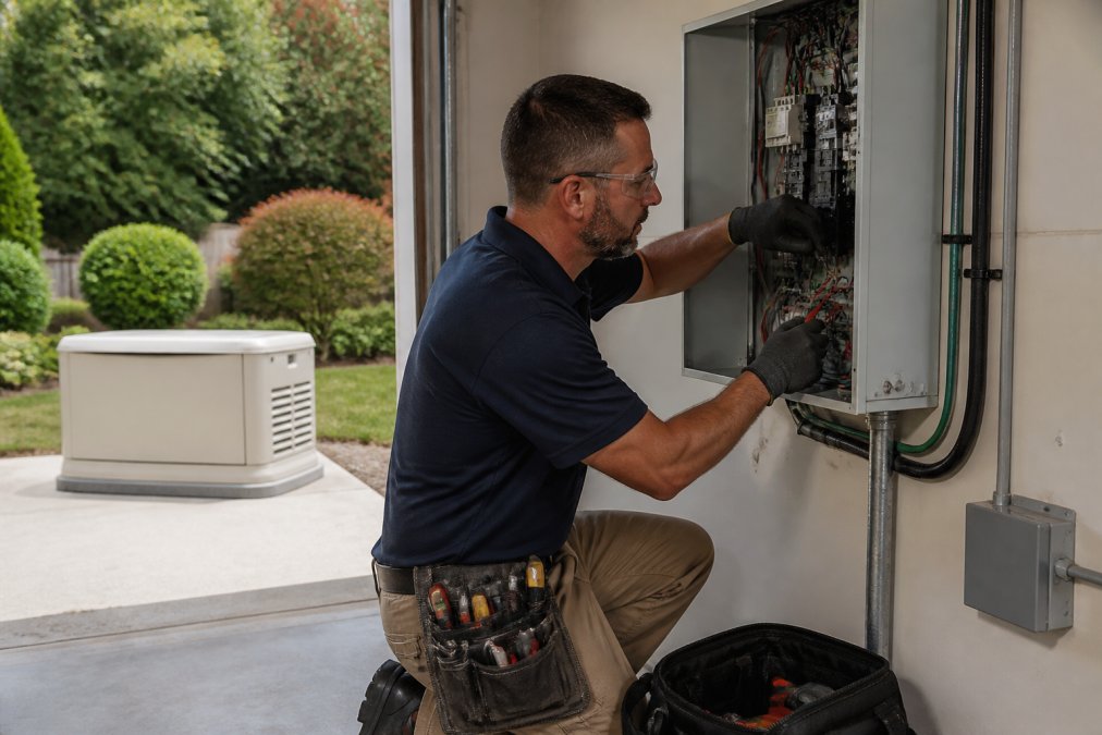 Licensed electrician wiring a transfer switch as expert generator installers onsite