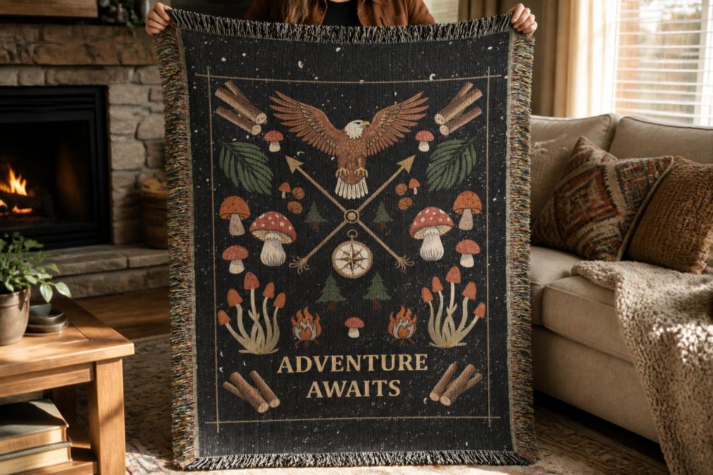 Close-up of hands holding a personalized fleece blanket with custom artwork, showing vibrant colors and soft texture against a warm living room setting with natural lighting