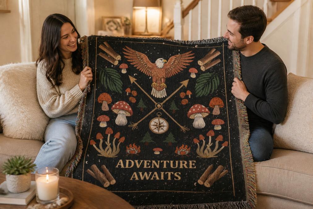 A couple unwrapping a personalized fleece blanket together on their couch, with warm lighting and a home interior setting that shows the blanket being held up to admire