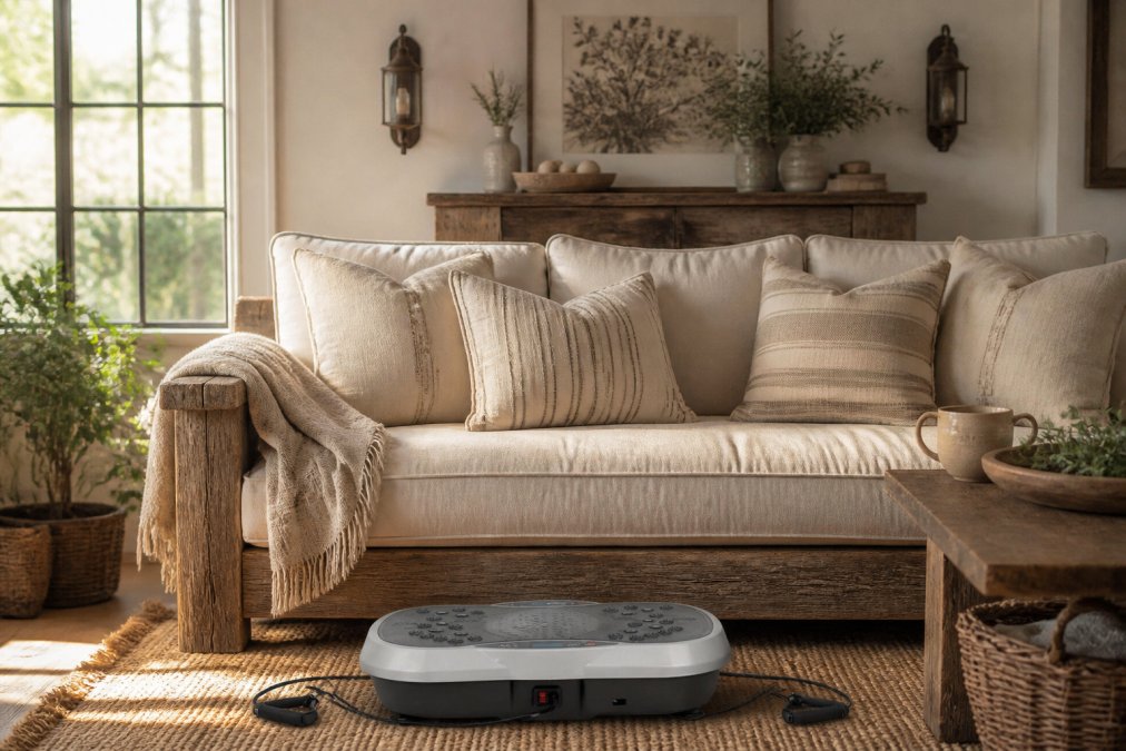 Cozy farmhouse living room with afternoon sunlight streaming through large windows, featuring vintage-inspired cream throw pillows on a weathered wood sofa, handmade wall art above a wooden mantelpiece, rustic metal sconces, and layered linen textiles creating a warm, inviting space