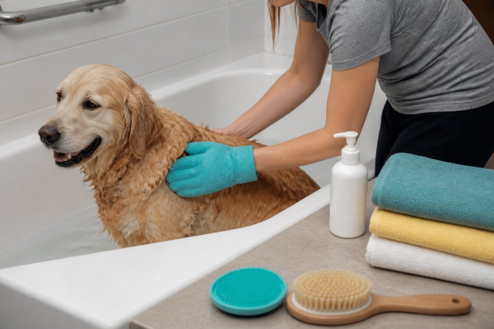 Pet owner gently bathing a calm golden retriever in a bathtub with warm water, using a soft grooming mitt and dog shampoo, with folded towels visible on the bathroom counter