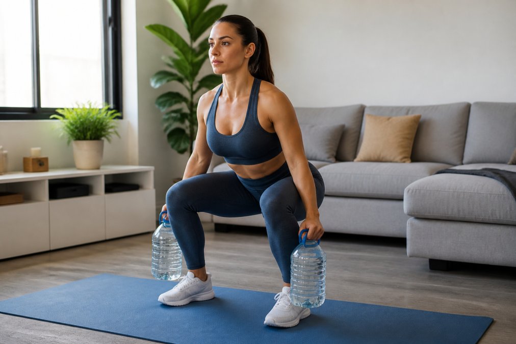 A person in athletic wear performing a squat while holding a full water jug in each hand in a bright living room with a yoga mat on the floor