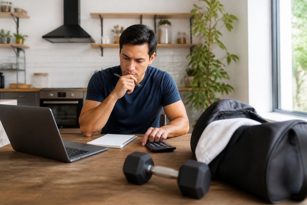A person sitting at a kitchen table with a laptop, calculator, and notepad comparing gym membership fees and home gym equipment costs, with a dumbbell and gym bag nearby in a bright home setting