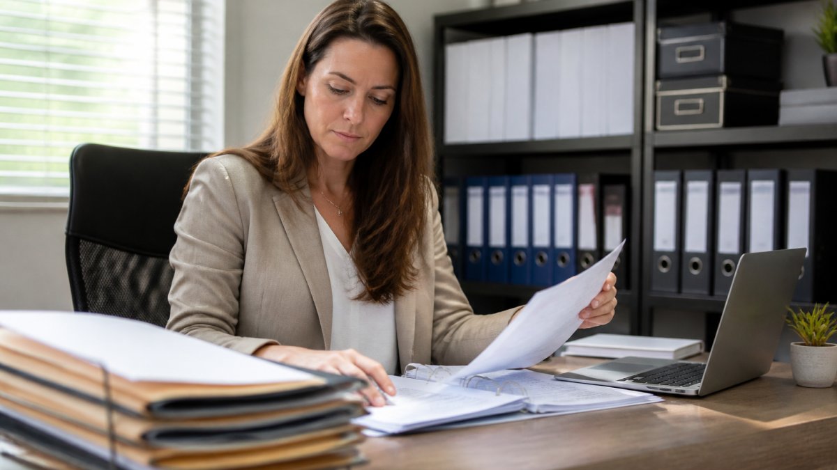 Professional healthcare administrator reviewing home health agency licensing requirements documents and application forms at organized desk with computer and filing system in bright office setting