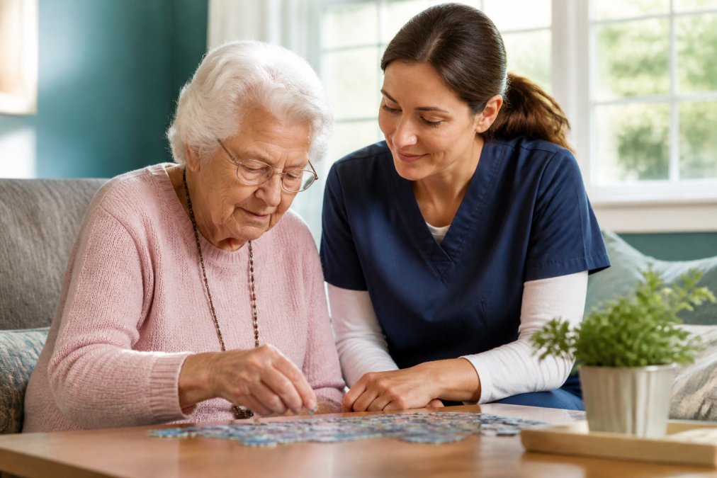 Older adult in comfortable home setting engaged in daily activity with attentive caregiver providing compassionate in-home support, natural afternoon lighting through windows