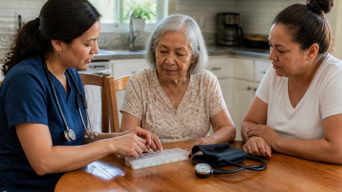 A registered nurse in scrubs sitting beside an older adult at a kitchen table, checking a pill organizer and blood pressure cuff, with a family member nearby in a sunlit home