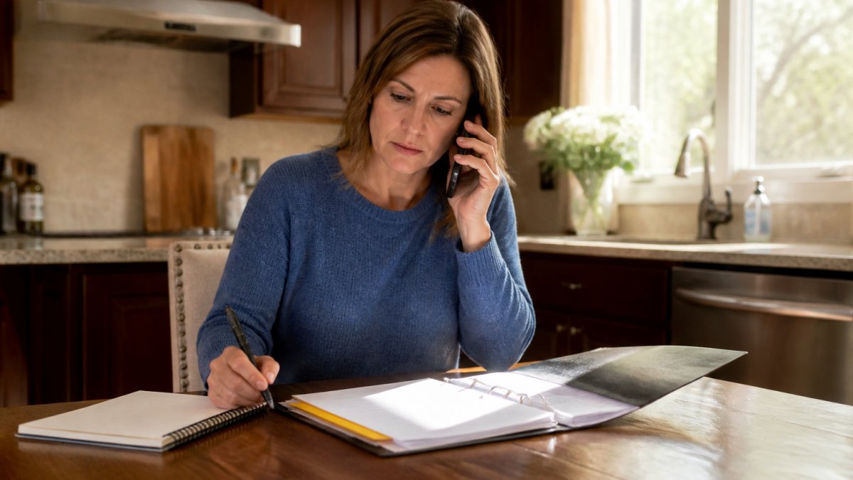 An adult daughter sitting at a kitchen table with a notebook and pen, talking on the phone with a home care agency, a folder of paperwork open in front of her, warm afternoon light through the window