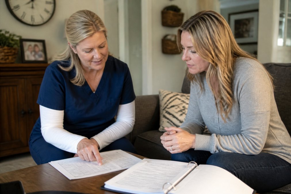 Professional caregiver and adult child family member having consultation meeting in comfortable home setting with care plan documents visible on table