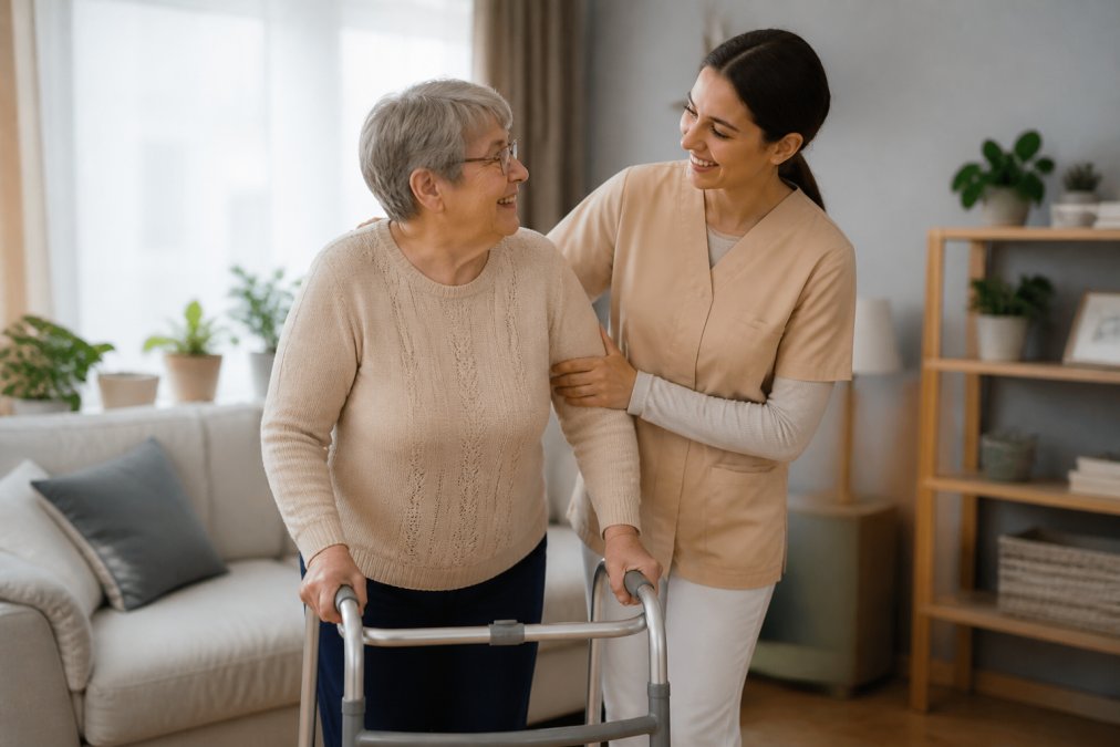 Compassionate caregiver providing mobility assistance during home health care in a bright, sunlit living room