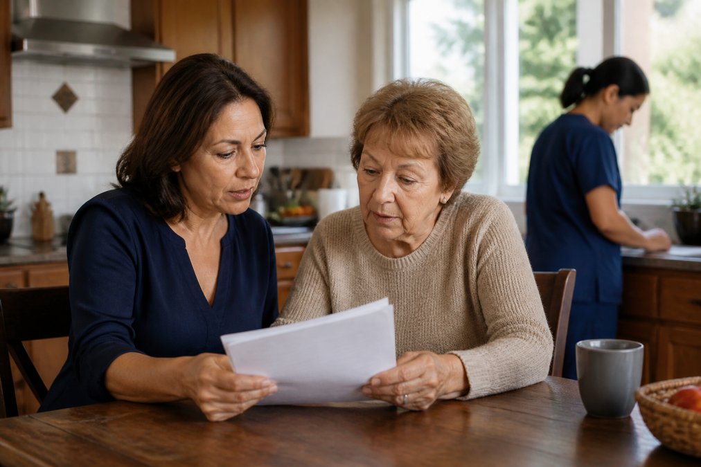 Adult child and aging parent reviewing healthcare documents together at a kitchen table with a professional caregiver in the background, natural window lighting