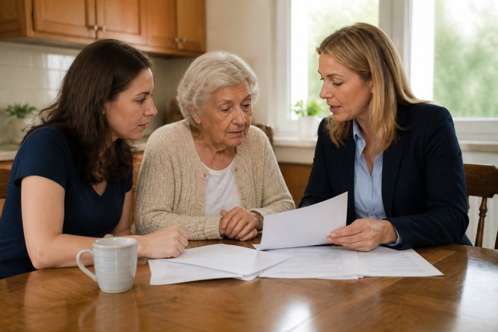 Adult daughter and elderly mother sitting at kitchen table with healthcare coordinator reviewing Medicare paperwork and home health care payment plan documents, warm afternoon lighting through windows