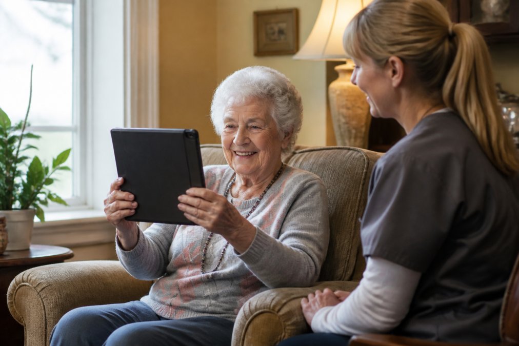 Senior woman smiling during a video call on a tablet for home healthcare with her caregiver in a cozy living room