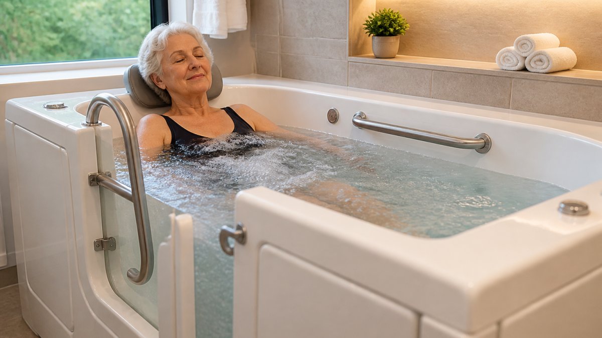 Infographic showing safety features and wellness benefits of walk-in hydrotherapy tubs for seniors