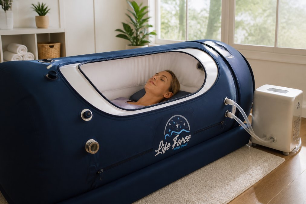 Person relaxing inside a soft-shell hyperbaric chamber in a home wellness room with natural light streaming through windows, monitoring display visible