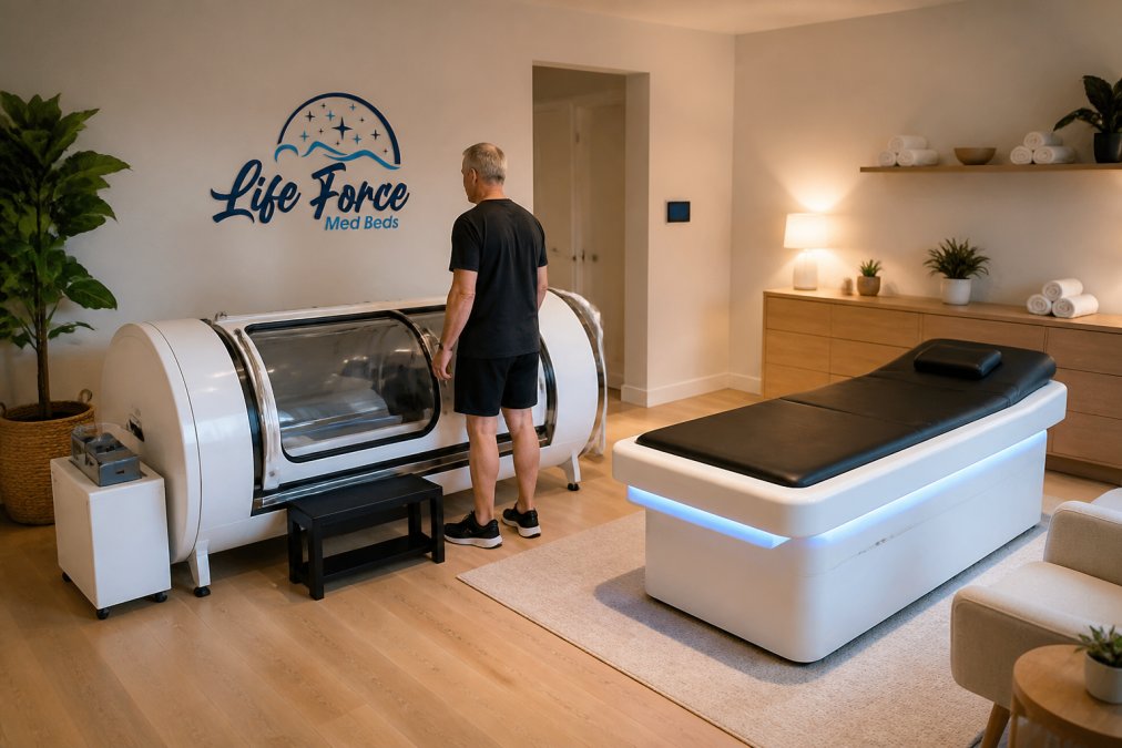 Modern home wellness space featuring integrated health technology equipment with person using monitoring systems and hyperbaric chamber, professional lighting