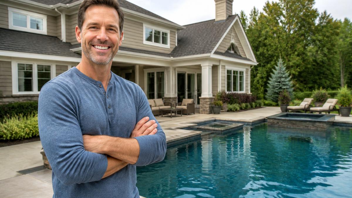 Homeowner standing in front of their house with a swimming pool visible in the background, showing the residential property and outdoor amenities