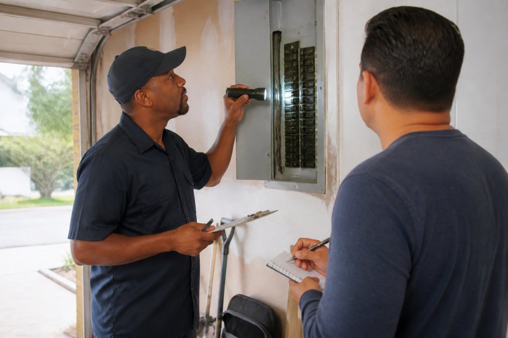A home inspector in a work shirt and cap holding a clipboard and flashlight while examining an electrical panel in a residential garage, with a homebuyer standing nearby watching and taking notes