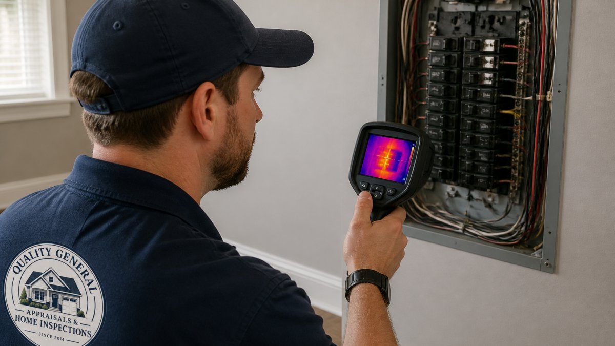 Professional home inspector using thermal imaging camera to examine electrical panel and wiring during residential inspection in Springfield