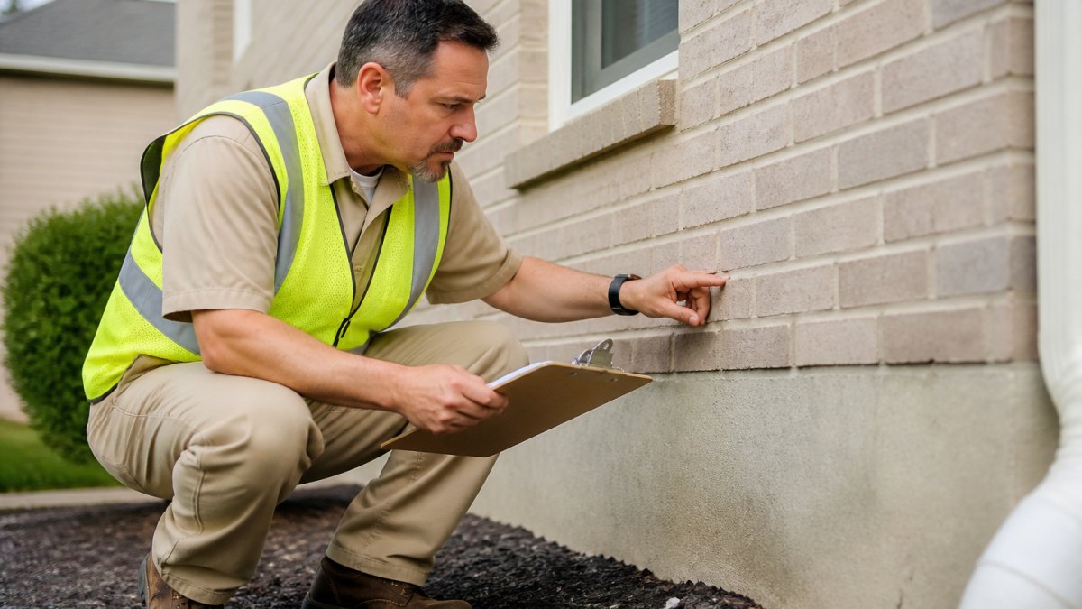 Professional home inspector in khaki uniform and safety vest examining exterior brick wall and foundation of residential home, with inspection clipboard visible