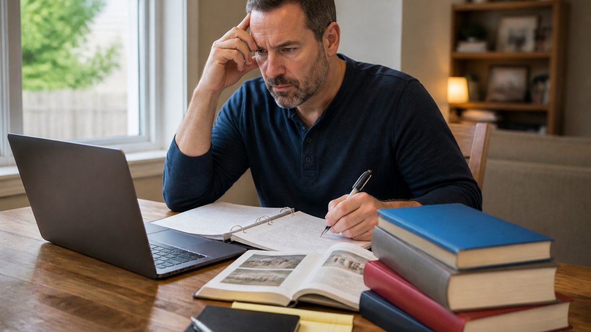 Focused adult learner taking a home inspector exam practice test on a laptop at a sunlit desk.