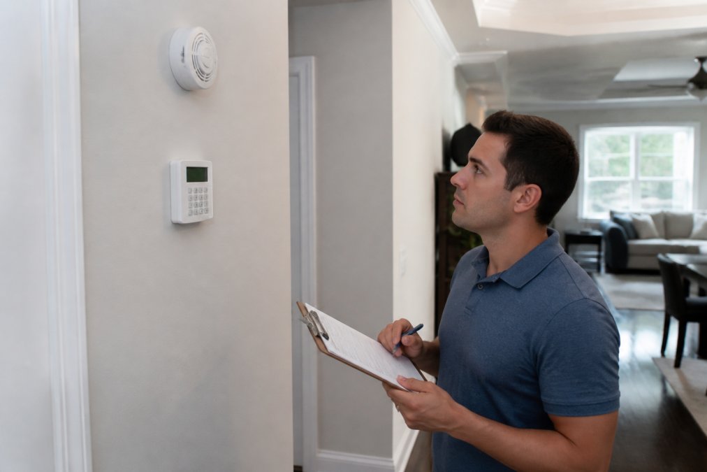 Homeowner checking a smoke detector and security keypad to qualify for home insurance discounts