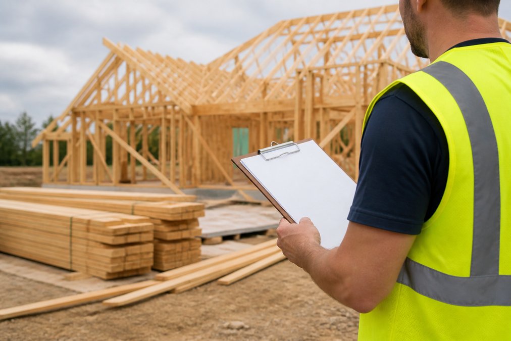 Construction site with wooden framing, building materials stacked on ground, and a property appraisal document visible on a clipboard held by someone in a yellow safety vest