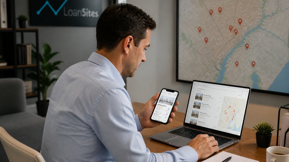 A loan officer reviewing local search results on a laptop in a modern office, with a city map visible on a second screen and a smartphone showing a business profile page