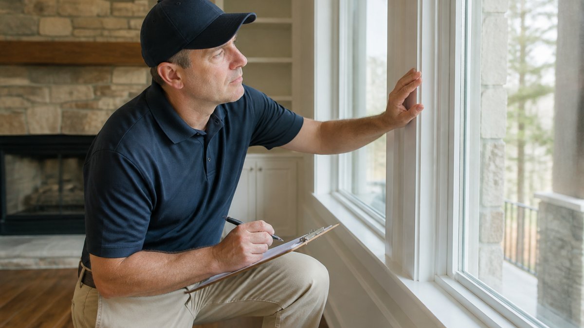 Professional inspector in uniform examining window seals and taking notes on clipboard during residential home inspection with natural light streaming through windows
