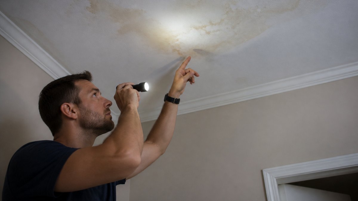 Homeowner in casual clothes using a flashlight to inspect water staining and discoloration on a drywall ceiling, pointing to moisture damage with visible concern
