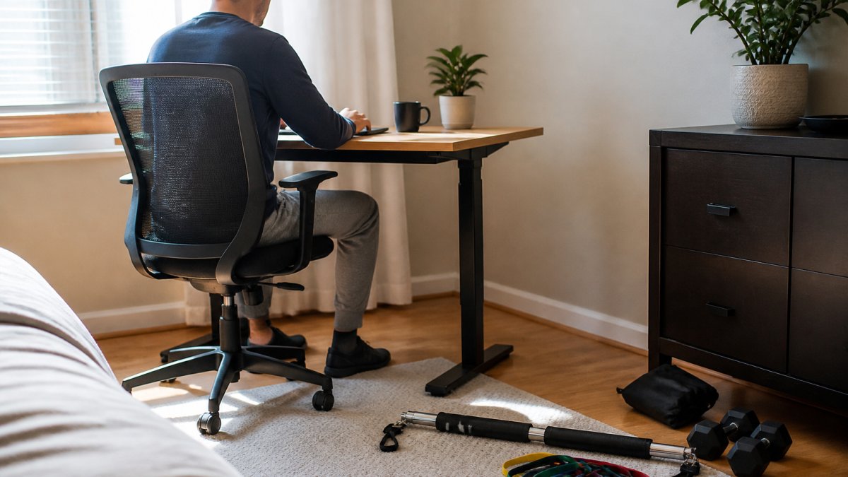 Remote worker at a home office desk with compact fitness equipment including resistance bands, a portable bar, and small weights arranged neatly on the floor beside the desk in a modest bedroom space with natural window lighting