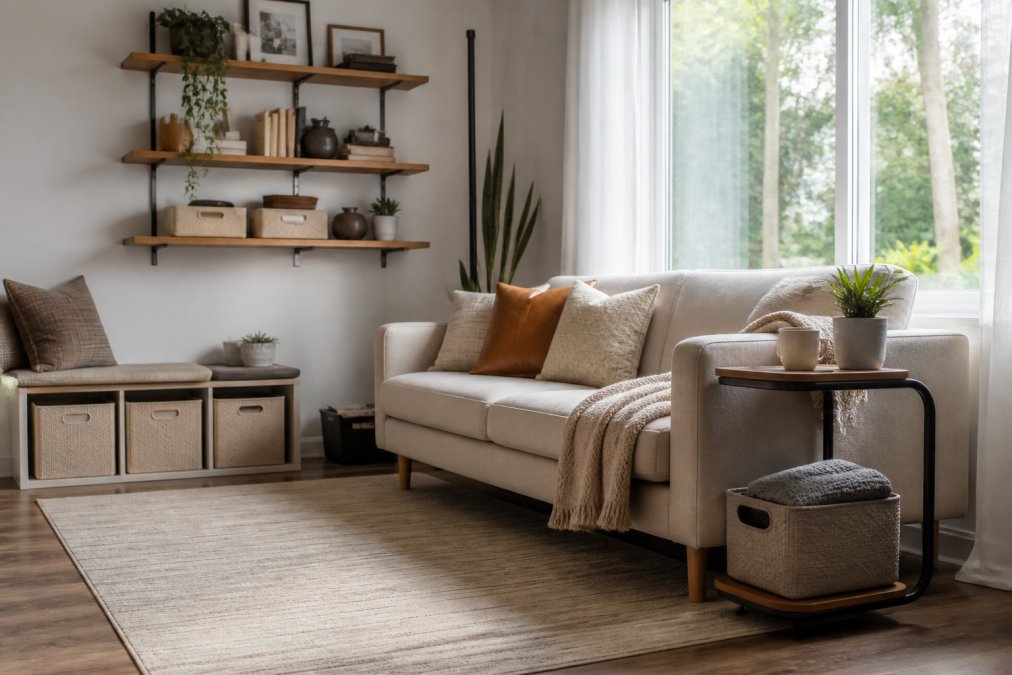 Infographic showing home organization systems for small living rooms to optimize layout flow and storage.