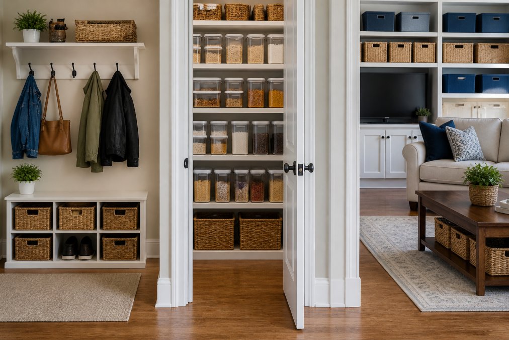 A well-organized home interior showing distinct zones, a bright entryway with wall-mounted hooks and labeled baskets for incoming items, an organized kitchen pantry with clear containers on shelves labeled by category, and a living room corner with modular storage bins neatly arranged by function