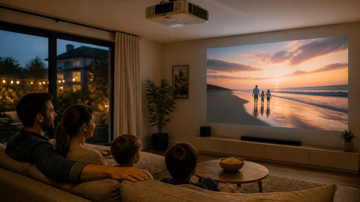 Family sitting on a comfortable couch watching a clear movie projected onto a living room wall at night