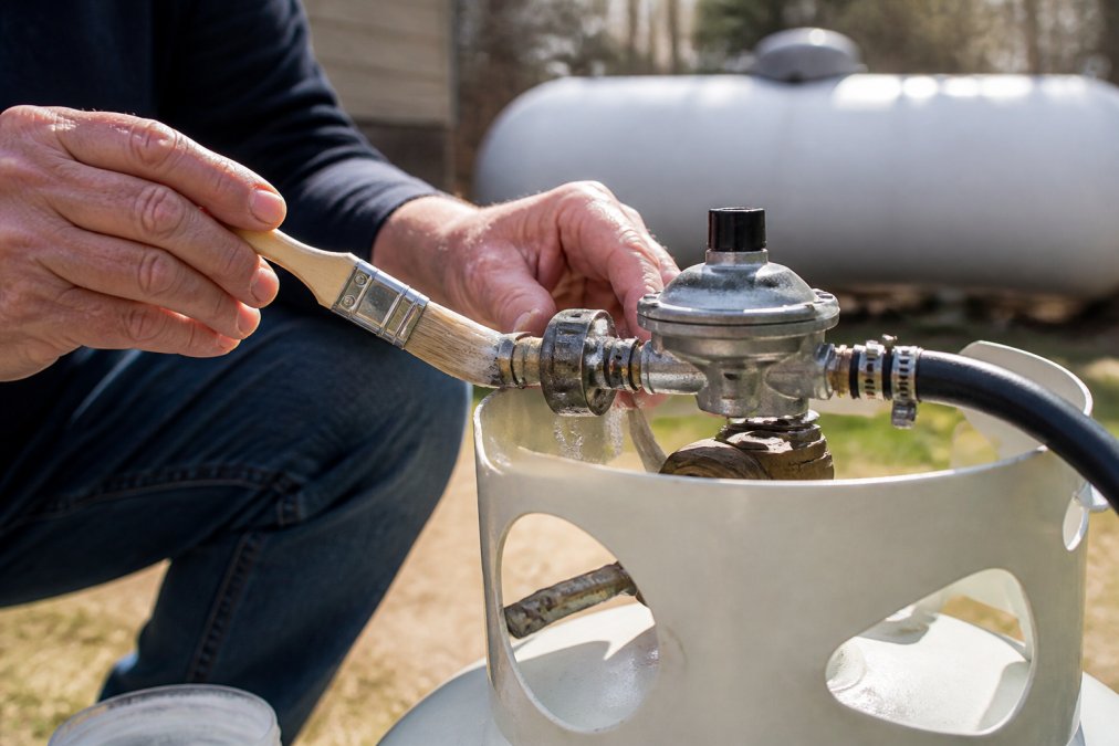 Close-up of a homeowner's hands applying soapy water solution with a small brush to a propane regulator connection, checking for bubbles that indicate a leak, outdoor tank in soft afternoon light