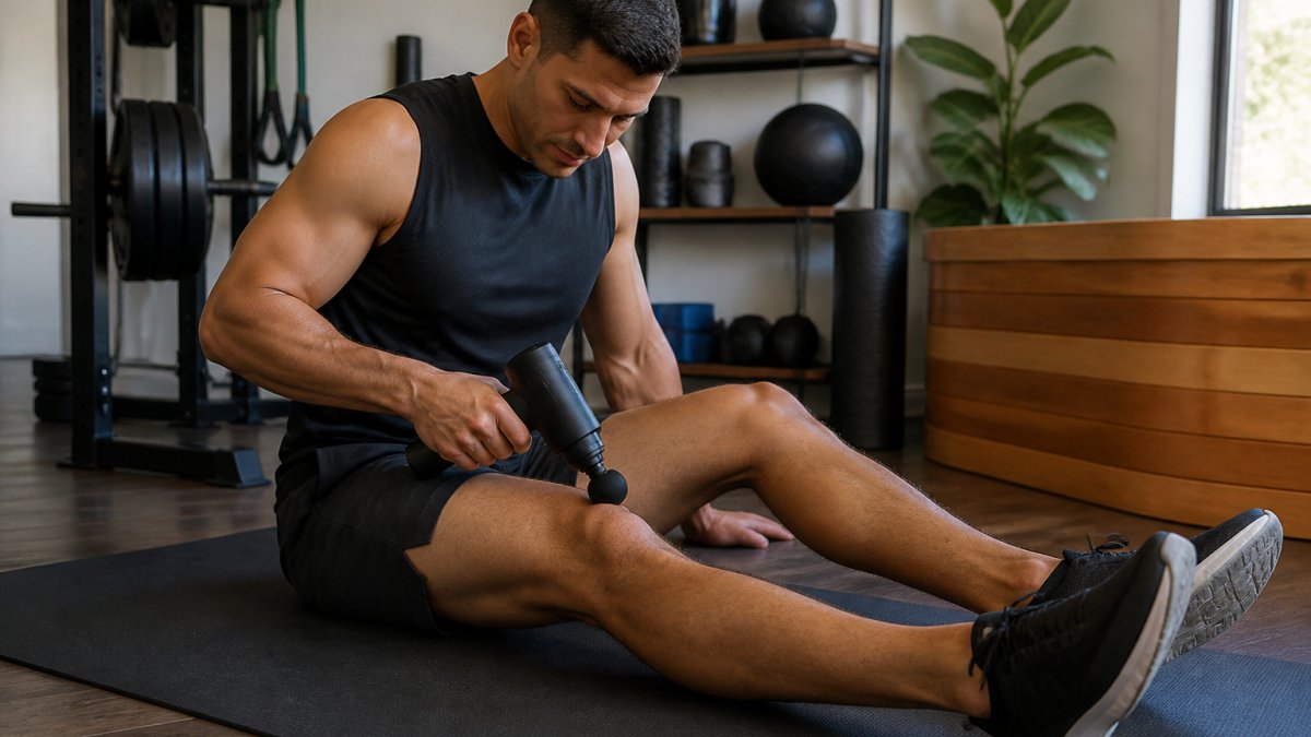 Person using a massage gun on their leg in a home gym setting with recovery equipment visible in the background