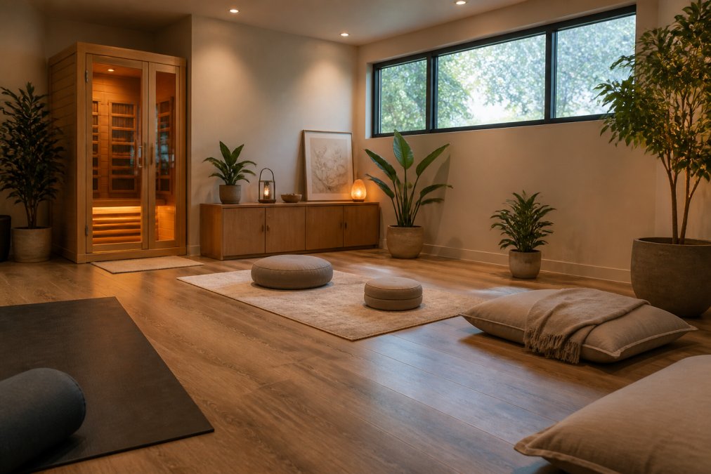 Serene home recovery sanctuary with infrared sauna visible in corner, soft warm lighting, potted plants creating biophilic elements, meditation cushions on natural wood flooring, and organized storage benches with closed doors