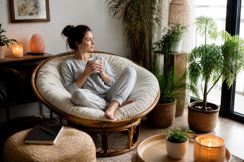 Person in comfortable loungewear relaxing on cushioned seating in warm-lit home wellness space, surrounded by plants and personal items like journals and photos, with soft natural textures visible