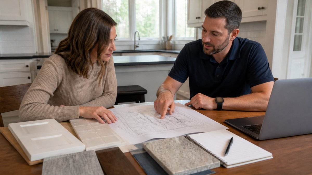 A homeowner and a remodeling contractor reviewing blueprints and material samples on a kitchen table in a bright New Jersey home, with a laptop and notebook nearby