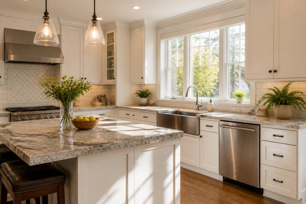 A freshly remodeled kitchen with white custom cabinetry, thick stone countertops, and stainless steel fixtures, bathed in warm natural light streaming through a large window above the sink