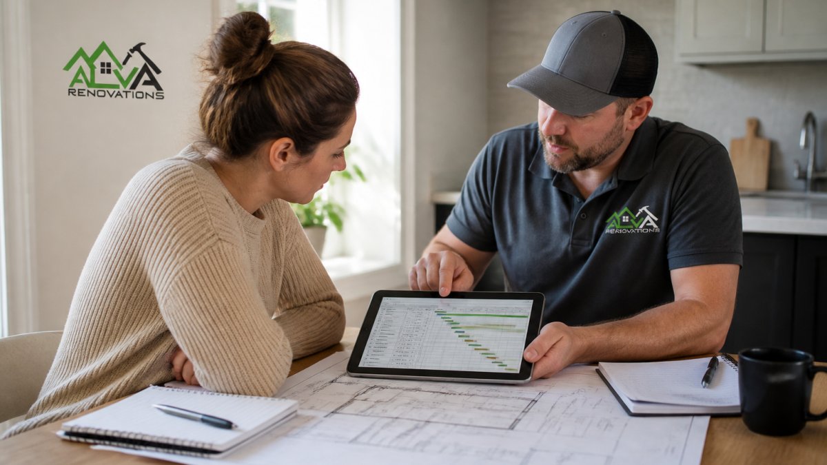 Homeowner and contractor reviewing renovation plans and timelines together at a kitchen table with blueprints and a tablet showing project details and progress tracking